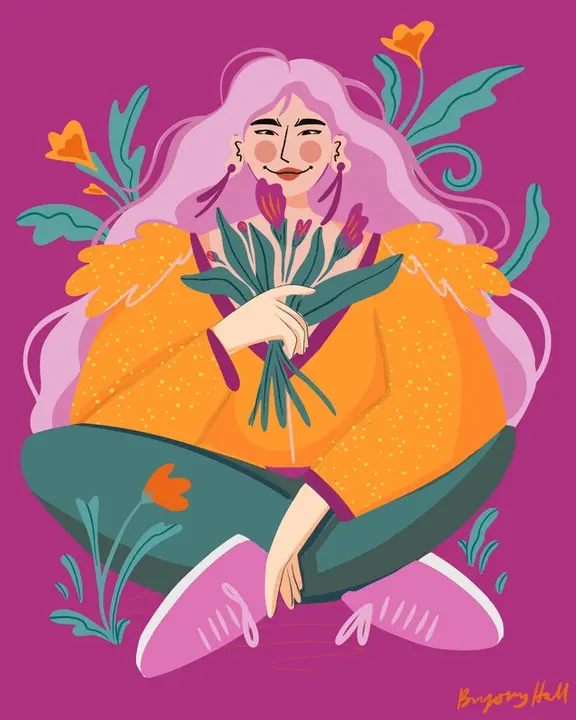 Woman with long pink hair holding a bunch of tulips