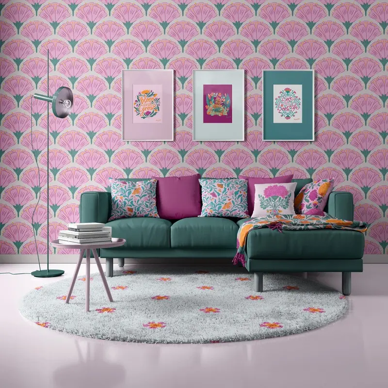 Living room with Bloombastic wallpaper, cushions, prints and rug