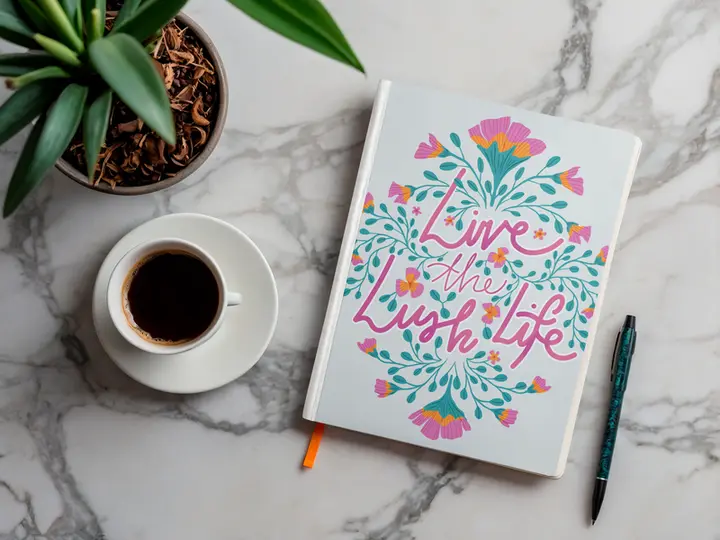 Notebook with floral Live the Lush Life lettering beside a coffee
